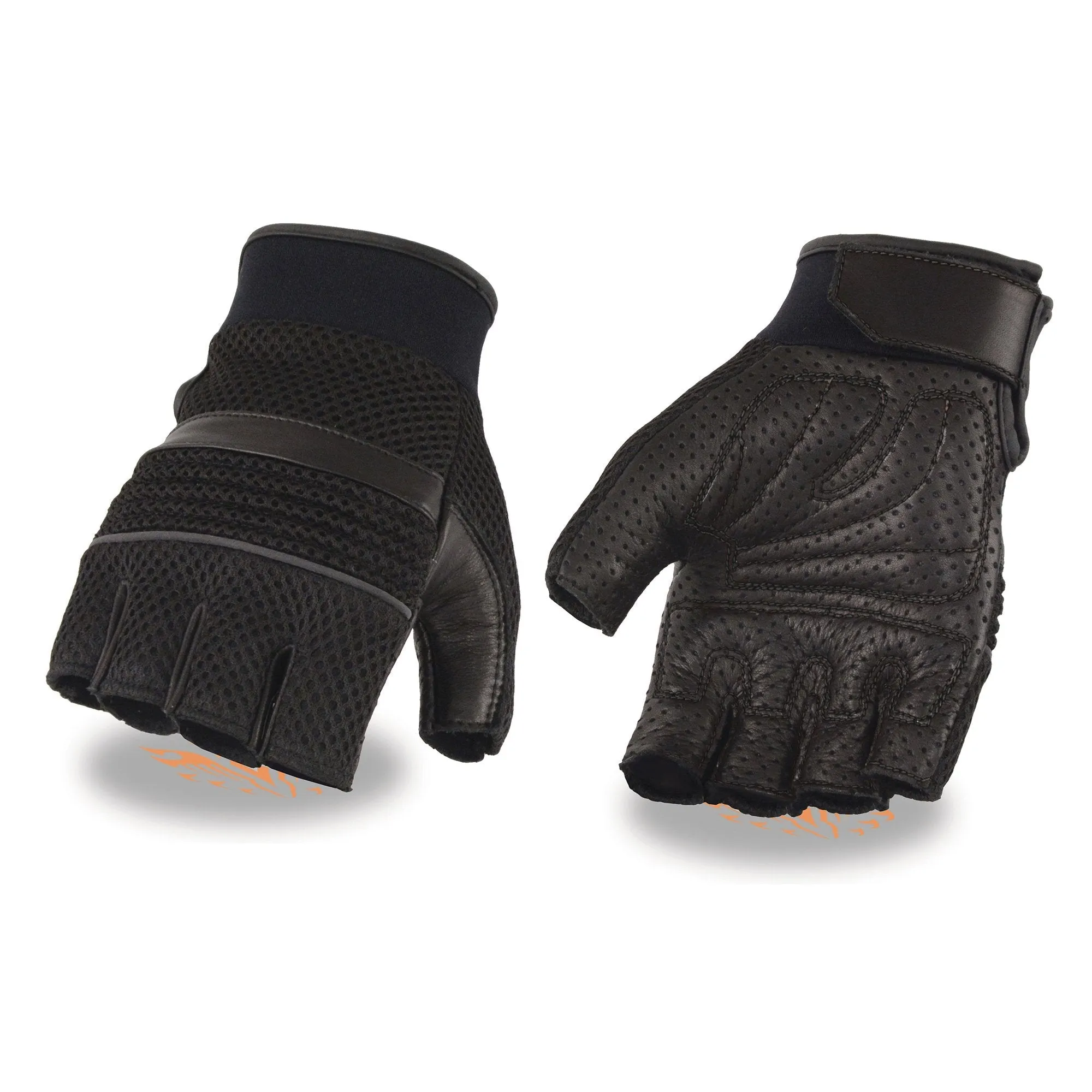 MG7504 Men's Black Perforated Mesh Gel Palm Fingerless Motorcycle Hand Gloves W/ ‘Reflective Piping’